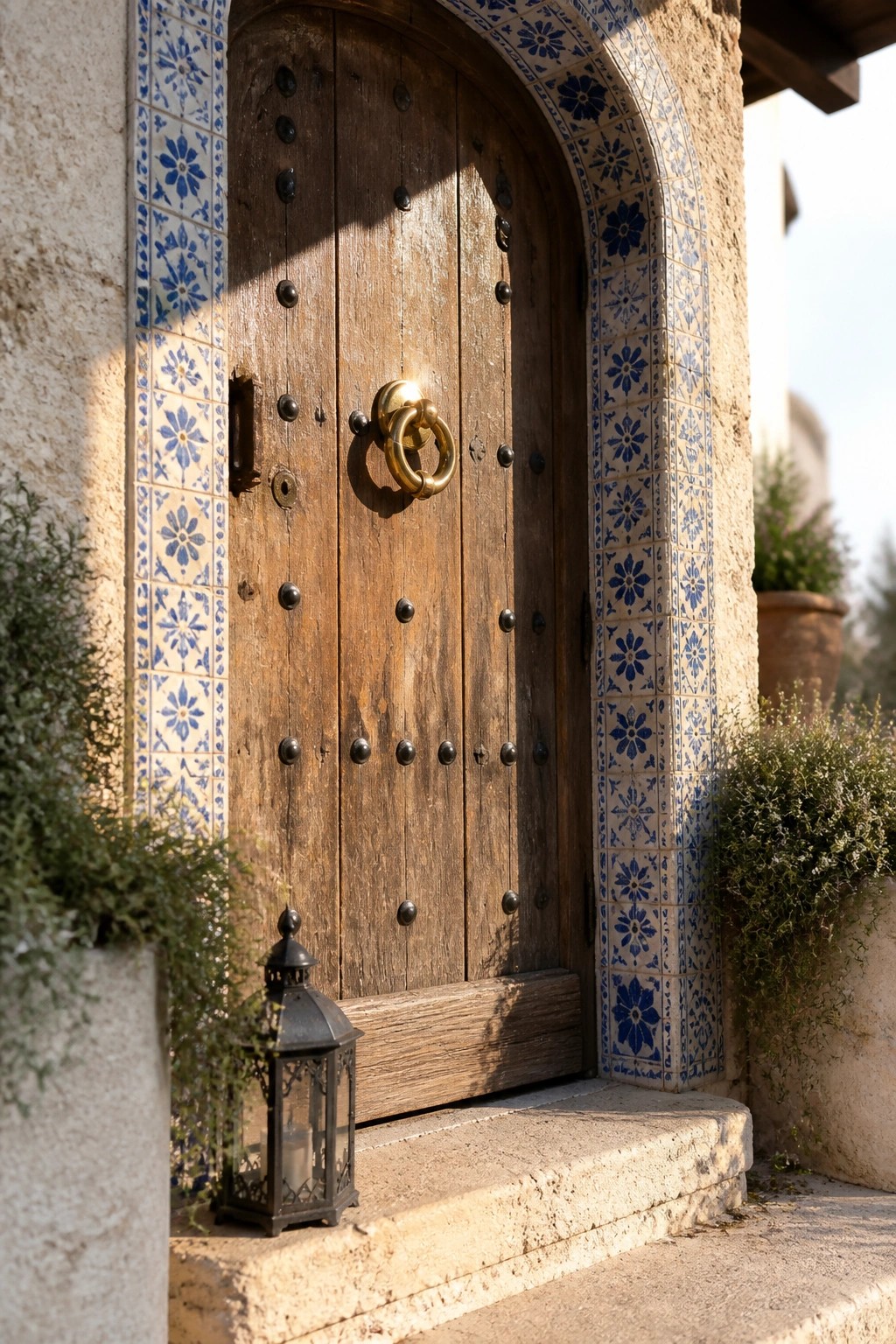 A wooden arched front door framed by blue and white patterned tiles on a stucco wall, with a brass ring knocker and a small lantern at the base.