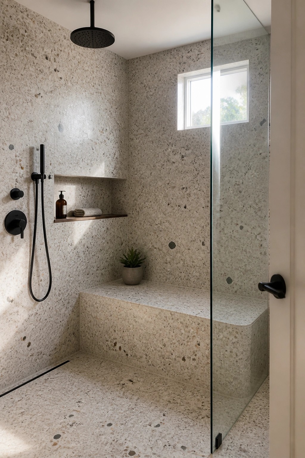 A modern walk-in shower with speckled terrazzo tiles, a built-in bench, black fixtures, a recessed shelf, and a glass door.