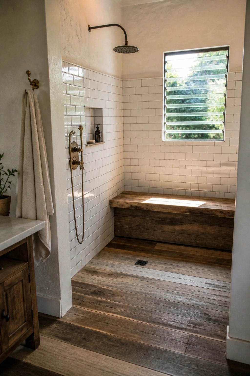 A walk-in shower with white subway tile walls, a wooden built-in bench, brass fixtures, and a window with blinds.