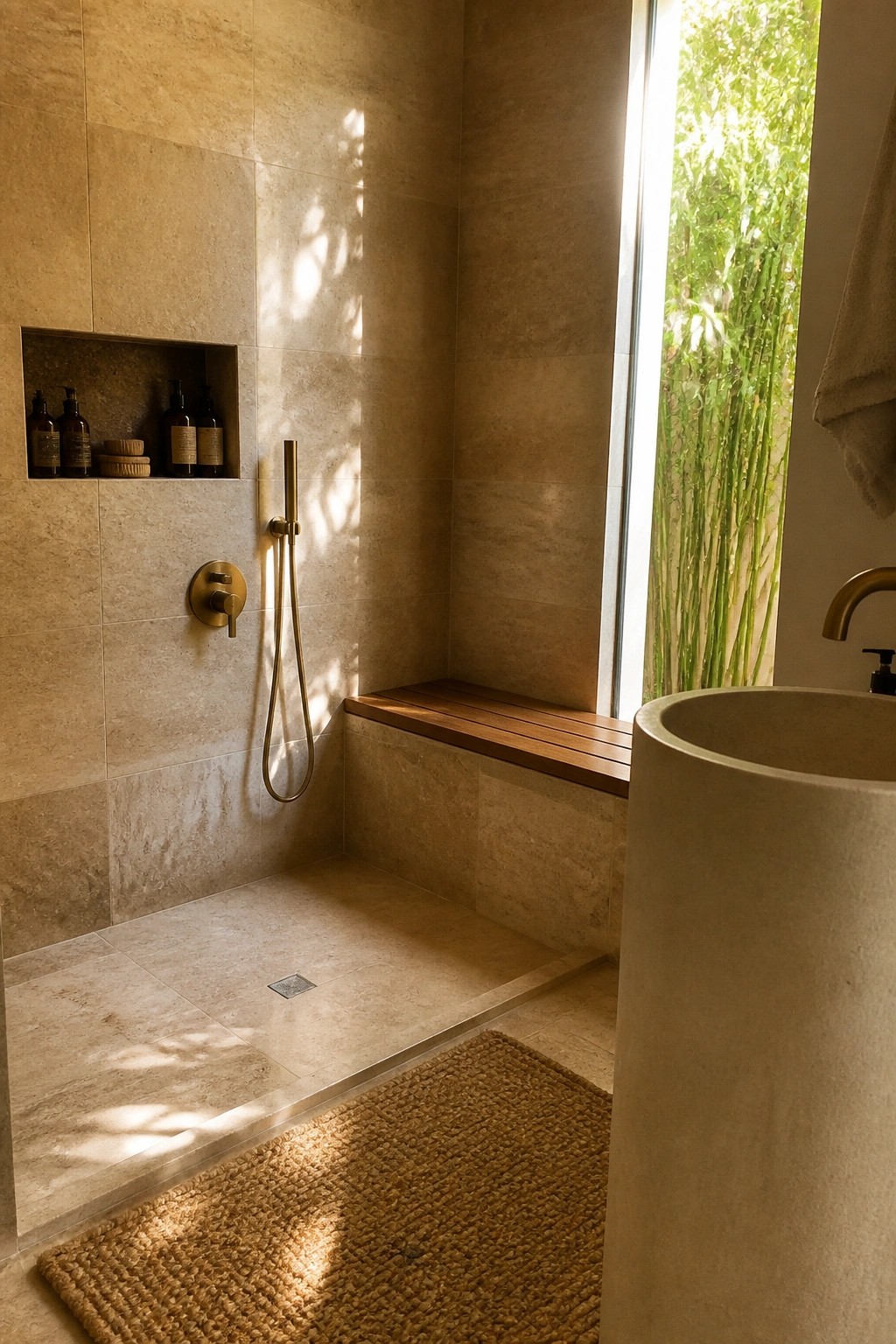 Sunlit marble shower with wooden bench, brass fixtures, concrete sink, and bamboo view.