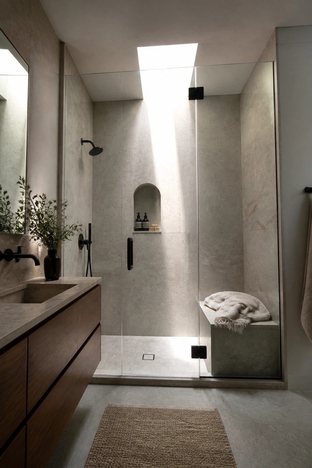A walk-in shower with large beige tiles, a glass door, black fixtures, a recessed niche with bottles, and a built-in concrete bench holding a folded towel under a skylight.