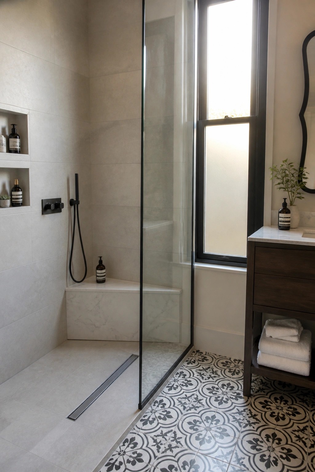 A modern walk-in shower with light gray wall tiles, a white marble built-in bench, black shower fixtures, and patterned floor tiles outside the glass enclosure.