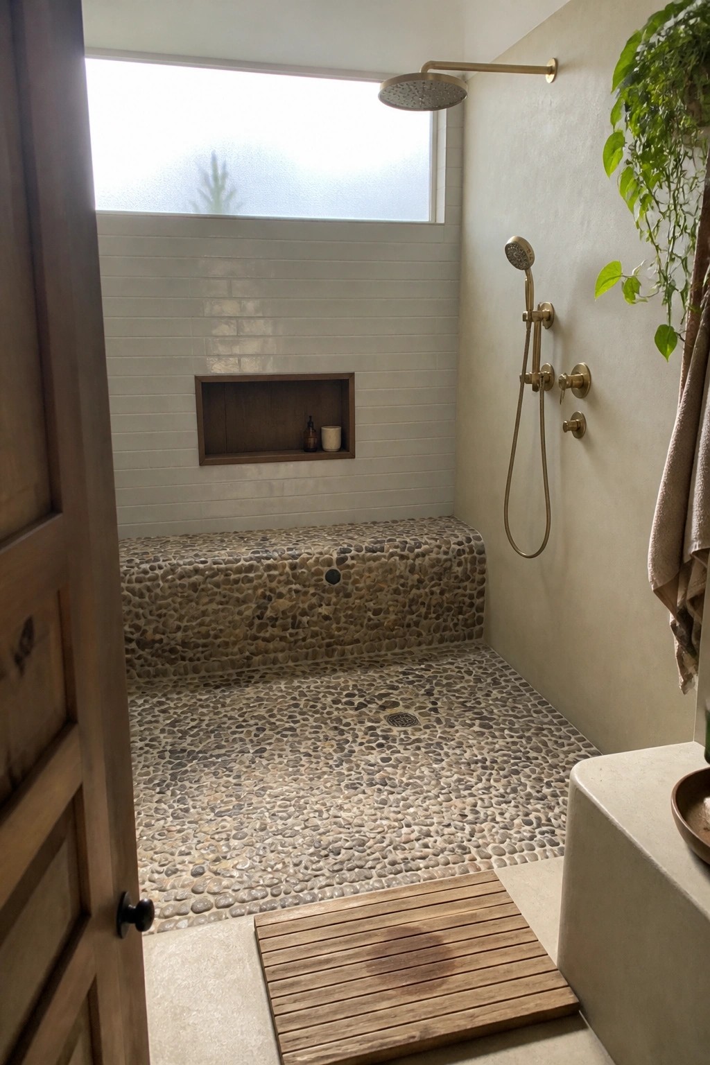 Modern shower with pebble mosaic floor, white tiles, brass fixtures, and wooden door