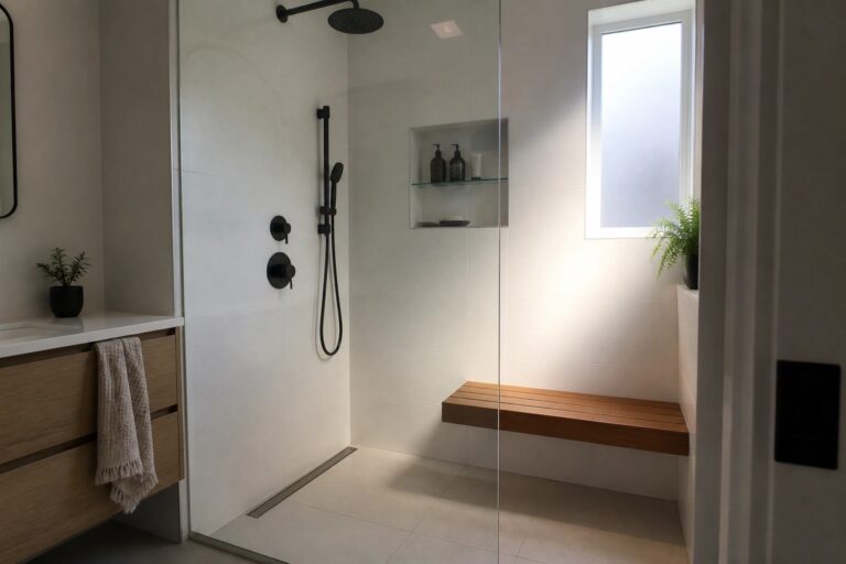 17 Functional Luxury Walk-In Shower Ideas With Built-In Bench Seating A walk-in shower with white tiles, black fixtures, a built-in wooden bench along one wall, and a glass enclosure.