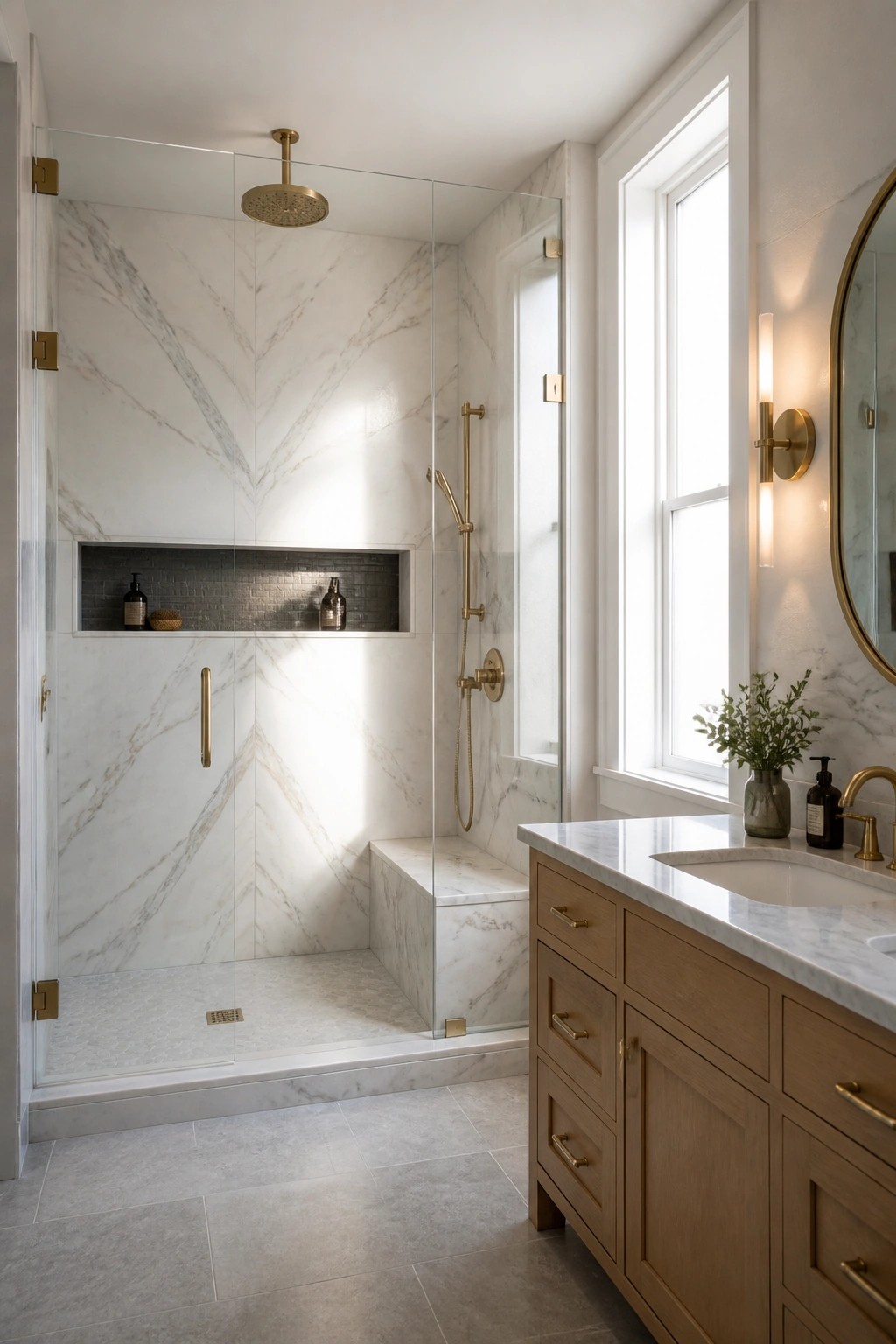 A bathroom with a glass shower enclosure featuring white marble walls, a built-in niche, and brushed brass fixtures, positioned next to a light wood vanity with a marble countertop.