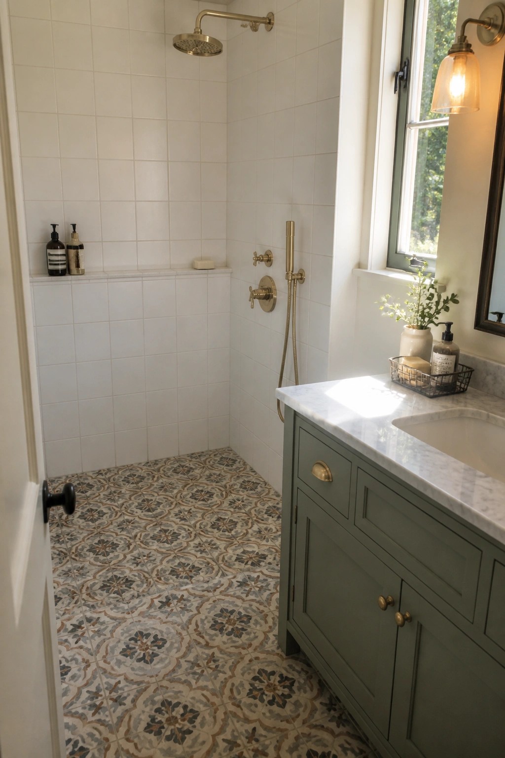 A bathroom interior shows a white subway tile shower with brushed brass fixtures and a patterned tile floor beside a green vanity with a marble countertop.