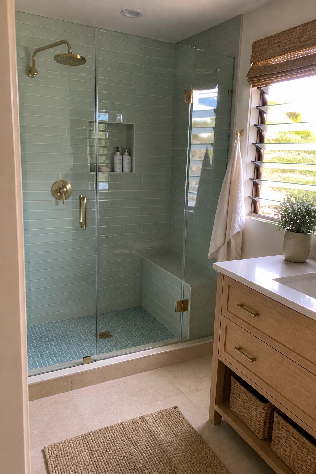 A glass-enclosed walk-in shower with light green subway tiles, brushed brass fixtures, a built-in bench, mosaic floor, and a nearby wooden vanity with a white countertop.