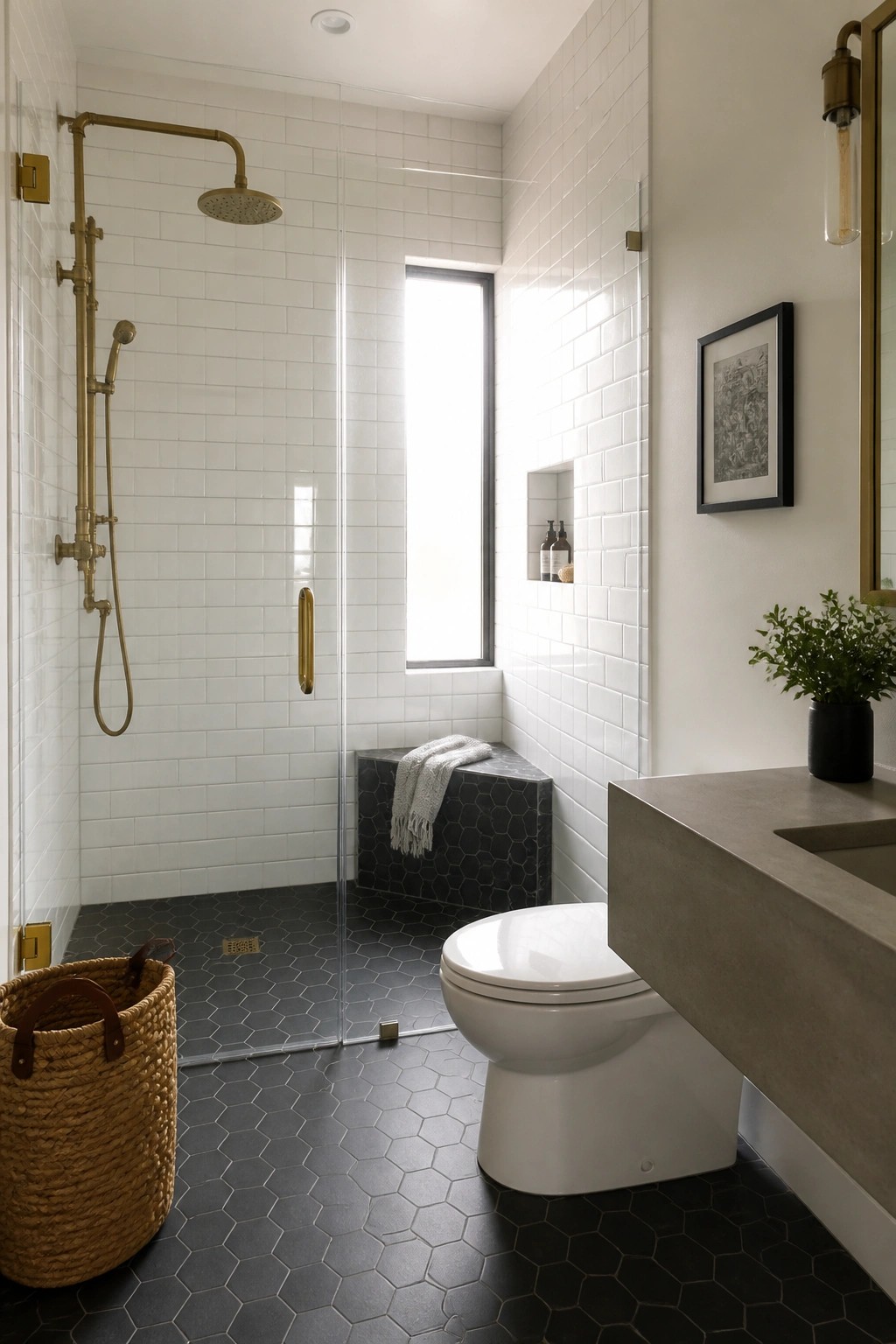 A modern bathroom with a glass-enclosed shower featuring brushed brass fixtures, white subway tile walls, dark hexagonal floor tiles, and a white toilet beside a concrete vanity.