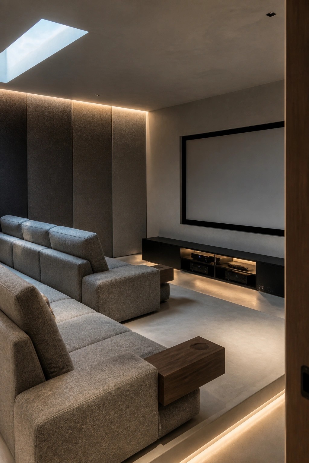 A modern home theater with gray modular sectionals arranged in tiered rows facing a large wall-mounted projection screen and a black media console.