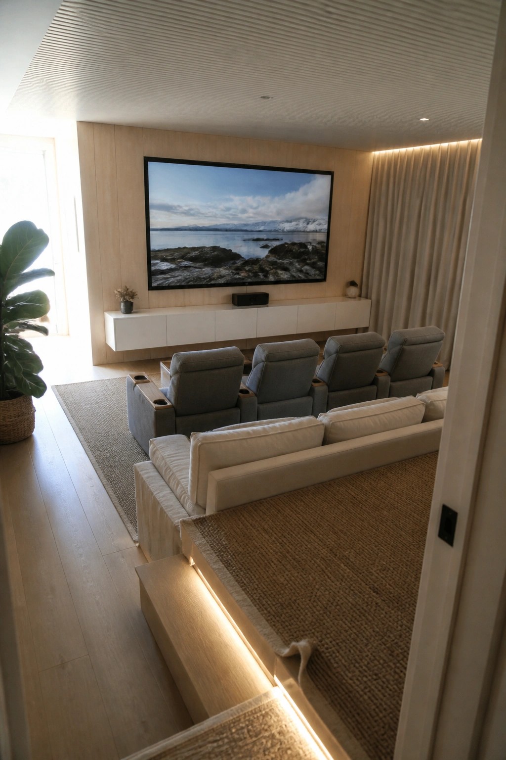 Interior view of a home cinema room with a large television on a wood-paneled wall, four gray recliners on a raised tier, a white sectional sofa in front, and light wood flooring with layered rugs.