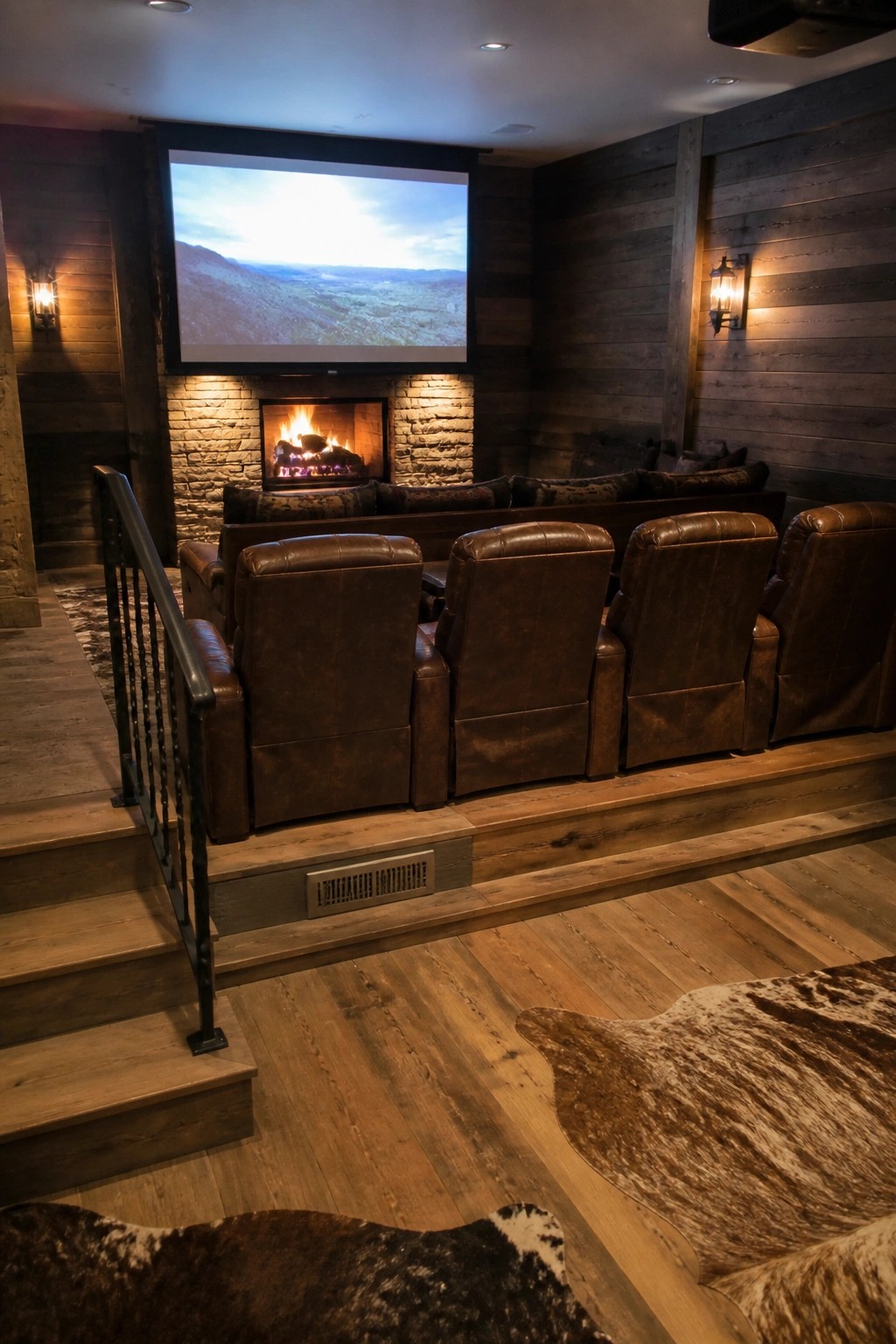 A home cinema room showing four rows of brown leather recliners arranged on a raised wooden platform facing a large projection screen above a stone fireplace.