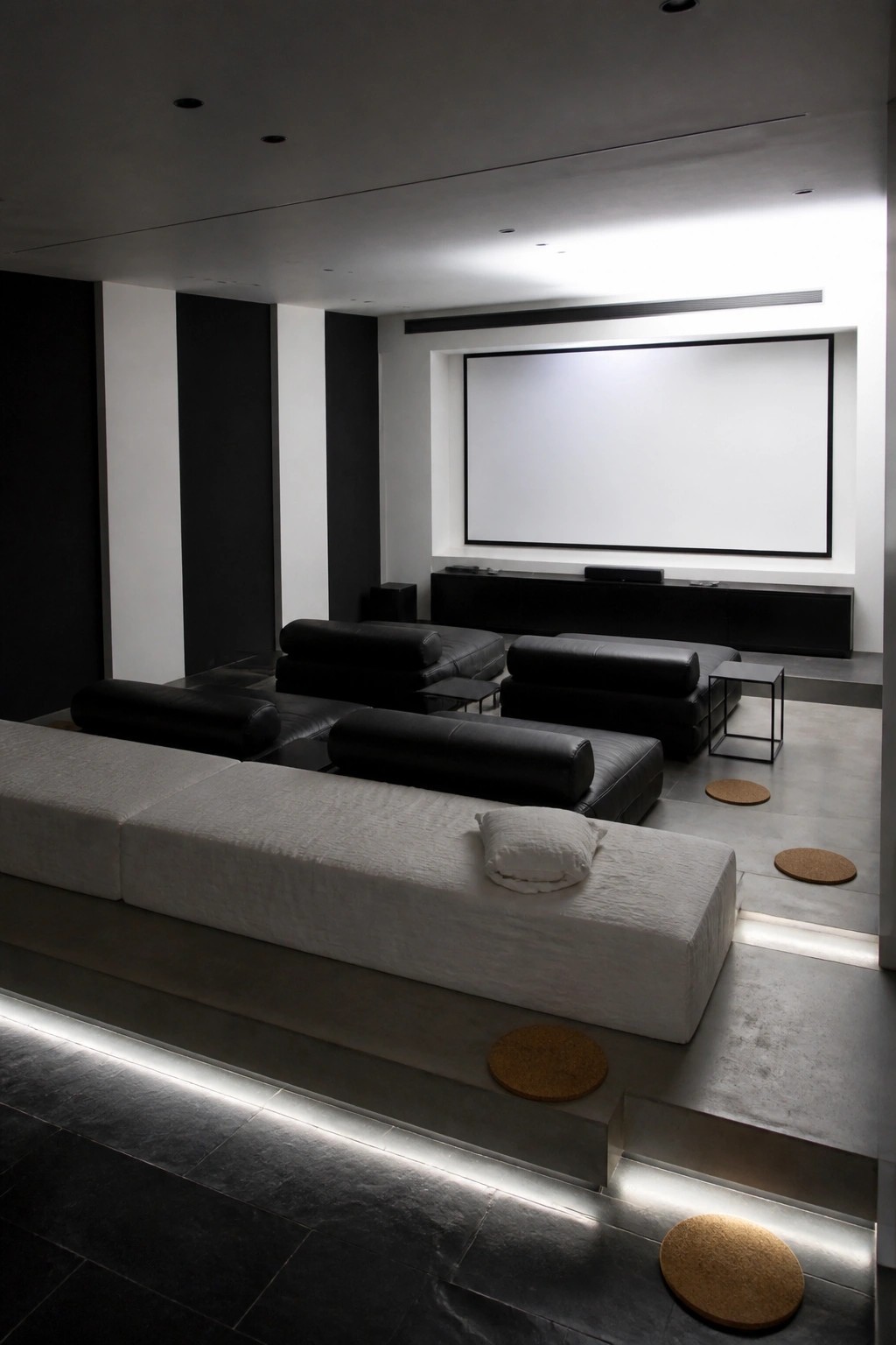 A home cinema room with tiered seating, a white modular sofa on a raised platform with LED strip lighting, black leather sofas, and a large projection screen on the far wall.