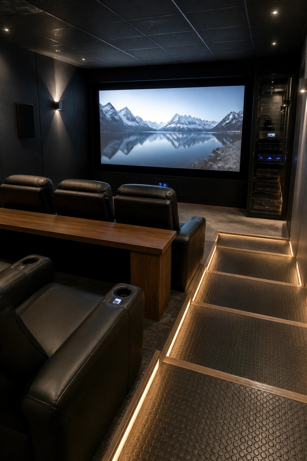 Luxurious home theater with black leather recliners facing mountain landscape screen and lit steps.