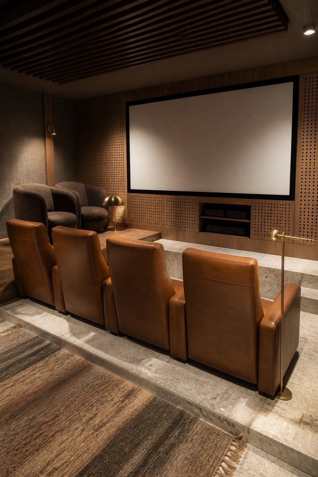 A home cinema room with tiered seating showing four brown leather recliners on a lower marble platform and two fabric armchairs on a higher level, all facing a large blank projection screen.
