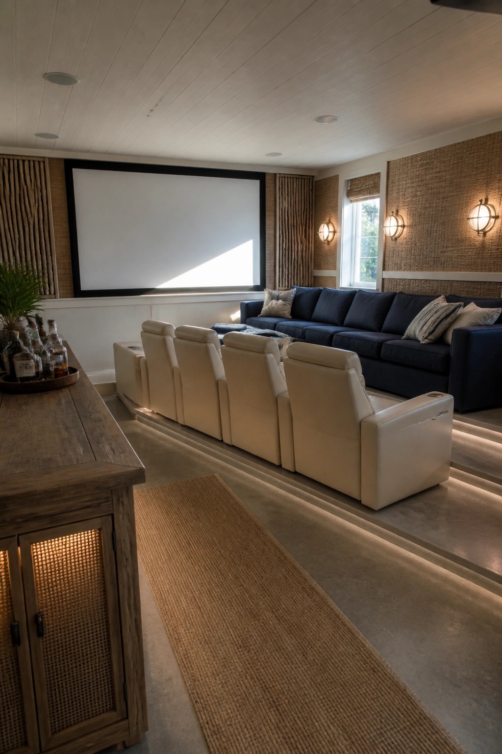A home cinema with tiered beige recliners facing a large screen, a navy sectional sofa along one wall, and a wooden bar cabinet in the foreground.