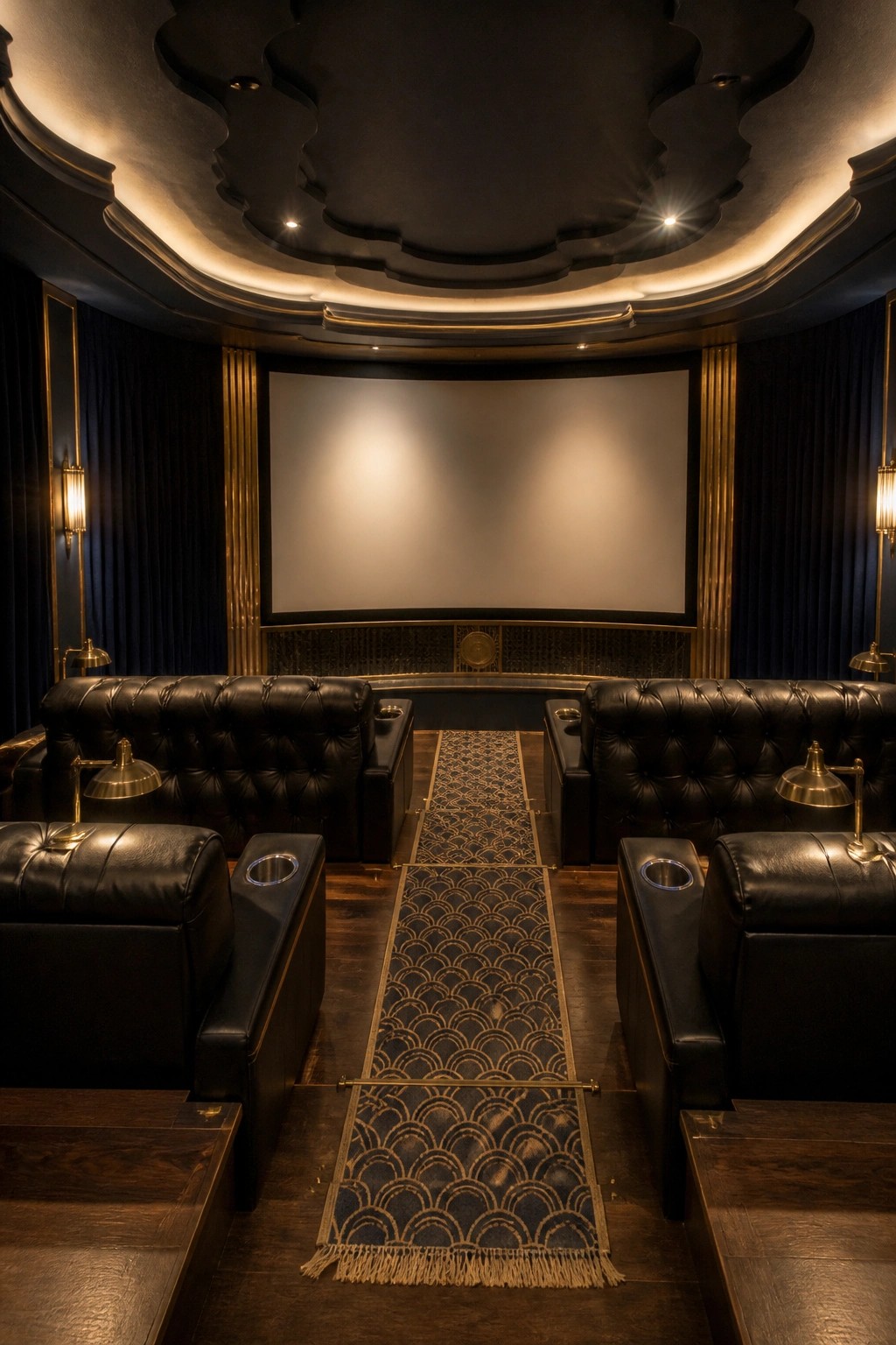 Interior view of a home cinema with two rows of black tufted leather seats on tiered levels facing a large blank screen, dark blue curtains on the sides, and a patterned runner down the center aisle.