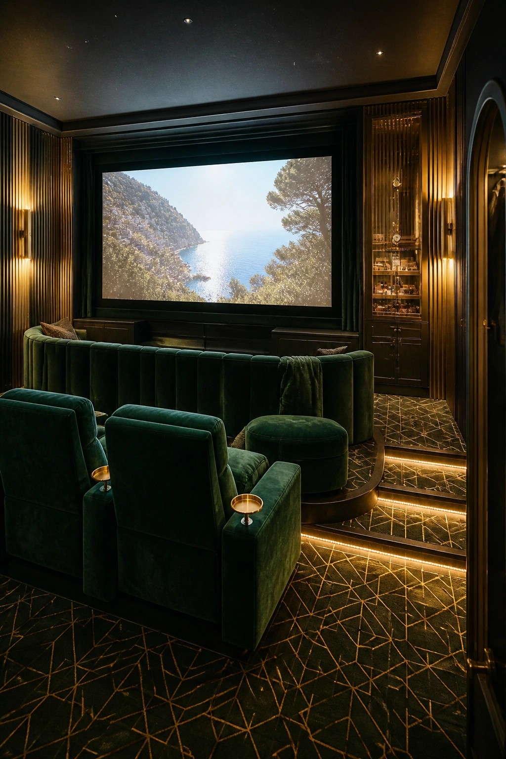 Luxurious home theater with dark green velvet seats, gold-inlaid marble floor, and large screen.