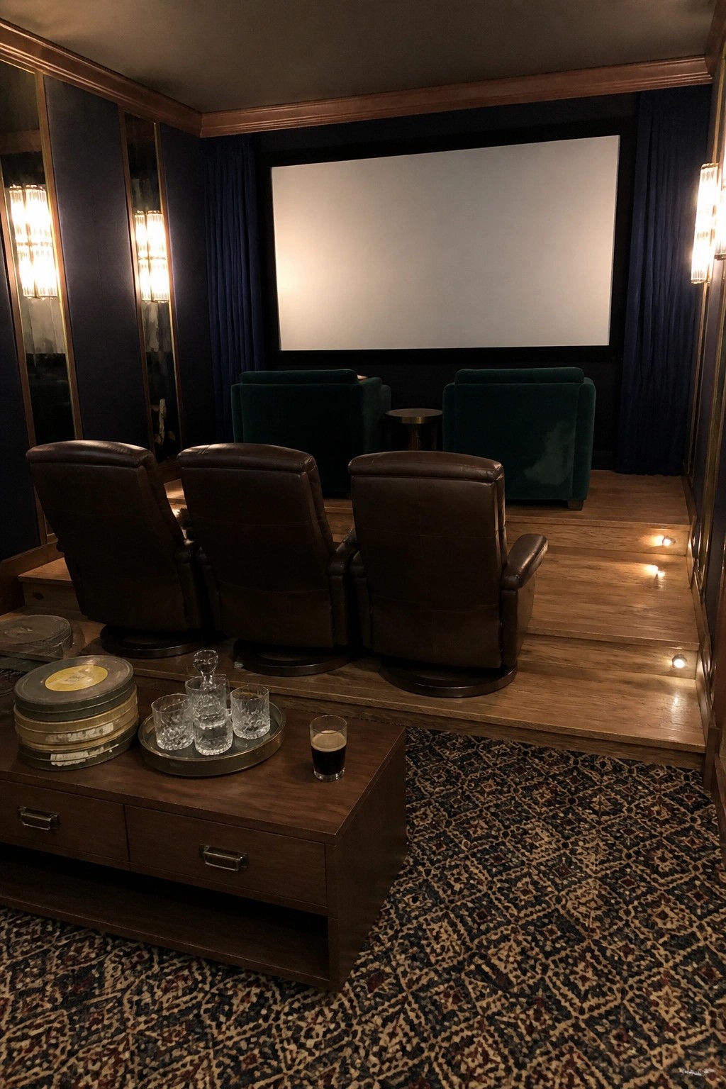 Home cinema interior showing three brown leather recliners on a raised wooden platform with two green velvet chairs on the lower level facing a large white projection screen.