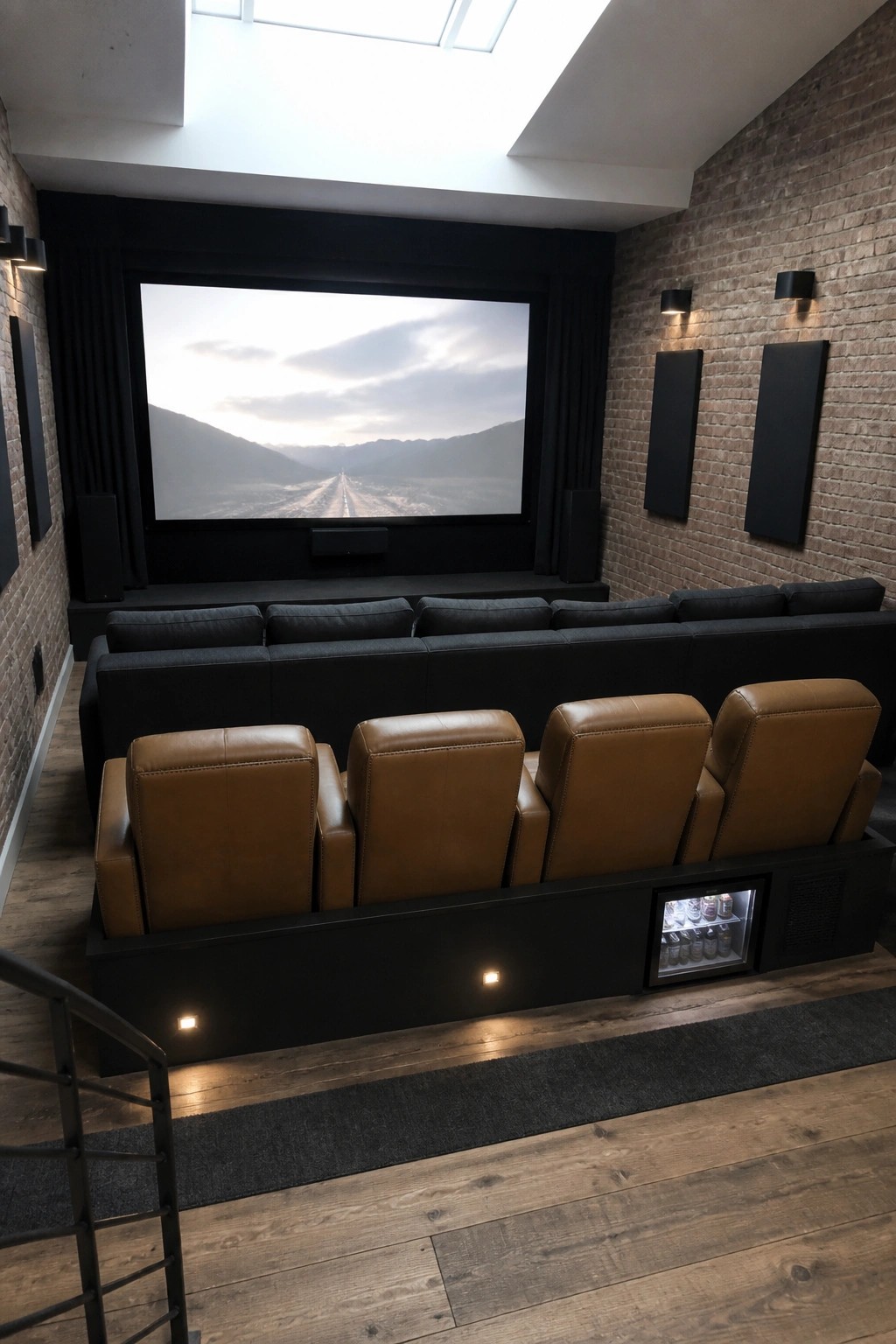 A home cinema room with tiered seating showing brown leather recliners in front and dark gray sofas behind, facing a large screen on a black wall with brick side walls.