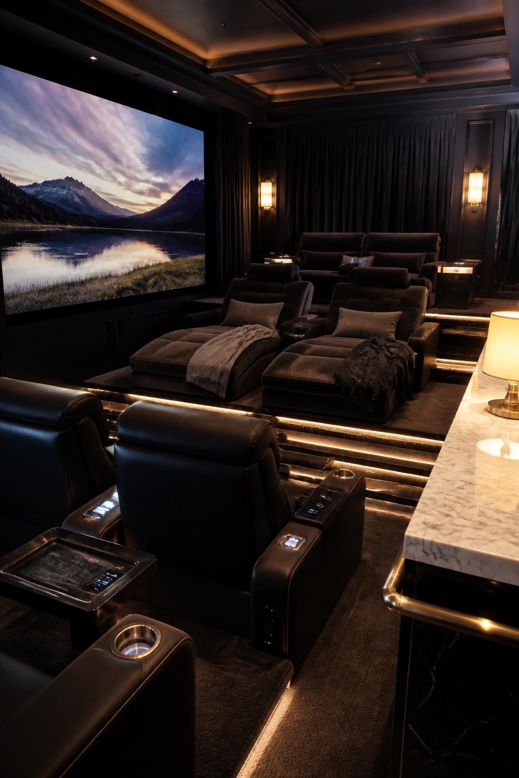 A dark home cinema room with black leather recliners arranged on tiered platforms facing a large projection screen showing a mountain landscape.
