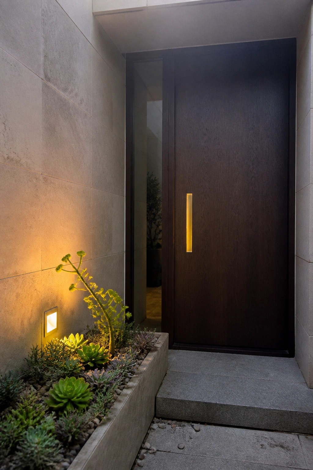 A dark wooden entry door with a vertical illuminated handle is set into a concrete wall next to a raised planter with succulents and a small ground light.