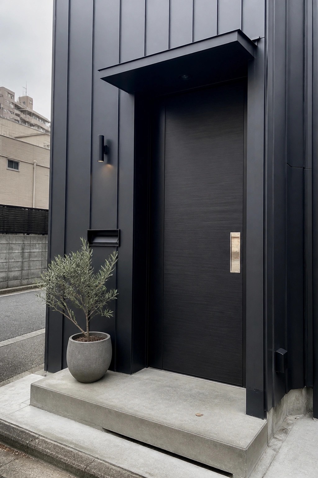 A black flush entry door with concealed frame set into matching dark vertical siding, concrete steps, and a potted olive tree to the left.