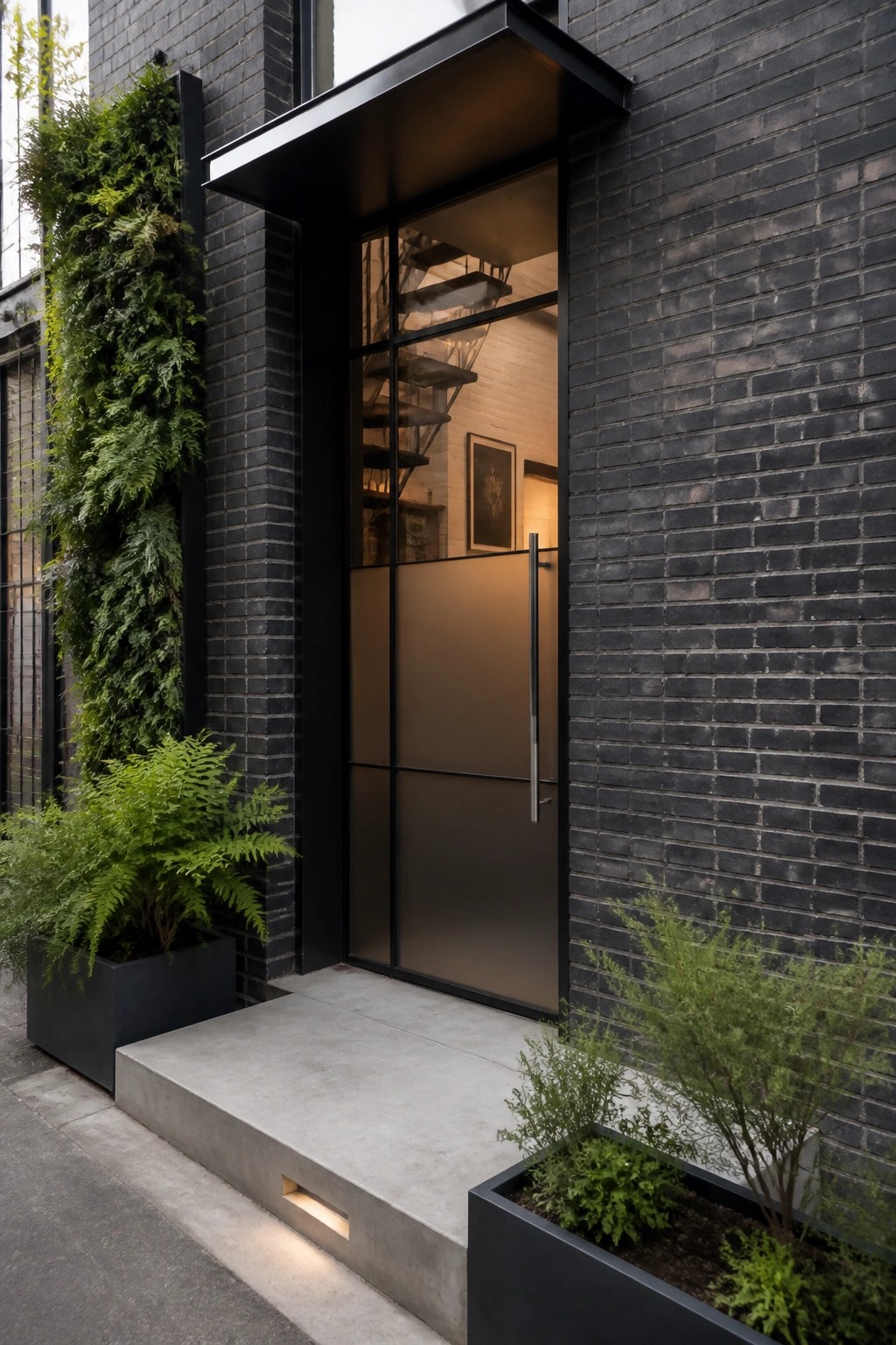 A minimalist black entry door with a concealed frame installed in a dark brick exterior wall, with potted plants beside a concrete step.