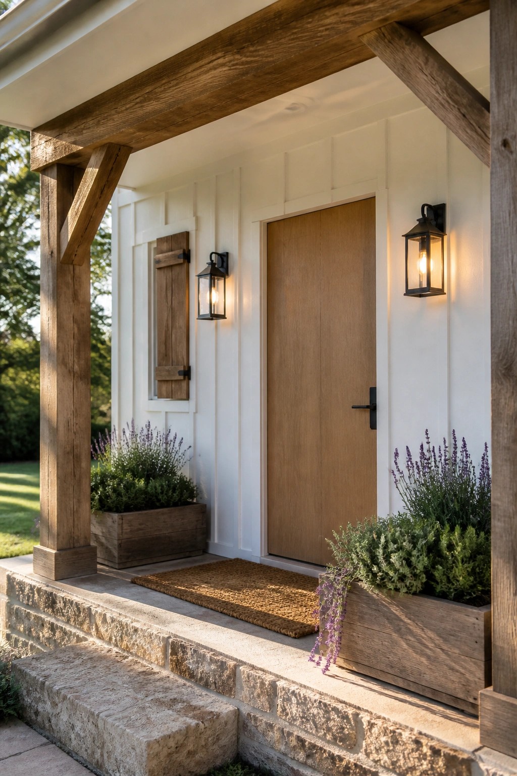 A wooden entry door with black hardware on a white paneled house exterior, flanked by lit wall lanterns and wooden planters on stone steps under exposed wooden beams.