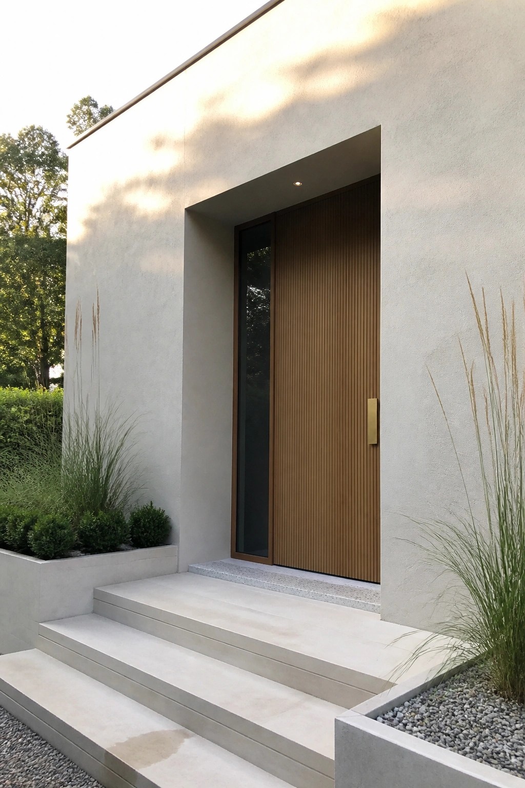Modern wooden door with vertical slats, concrete steps, and grass-filled planters.