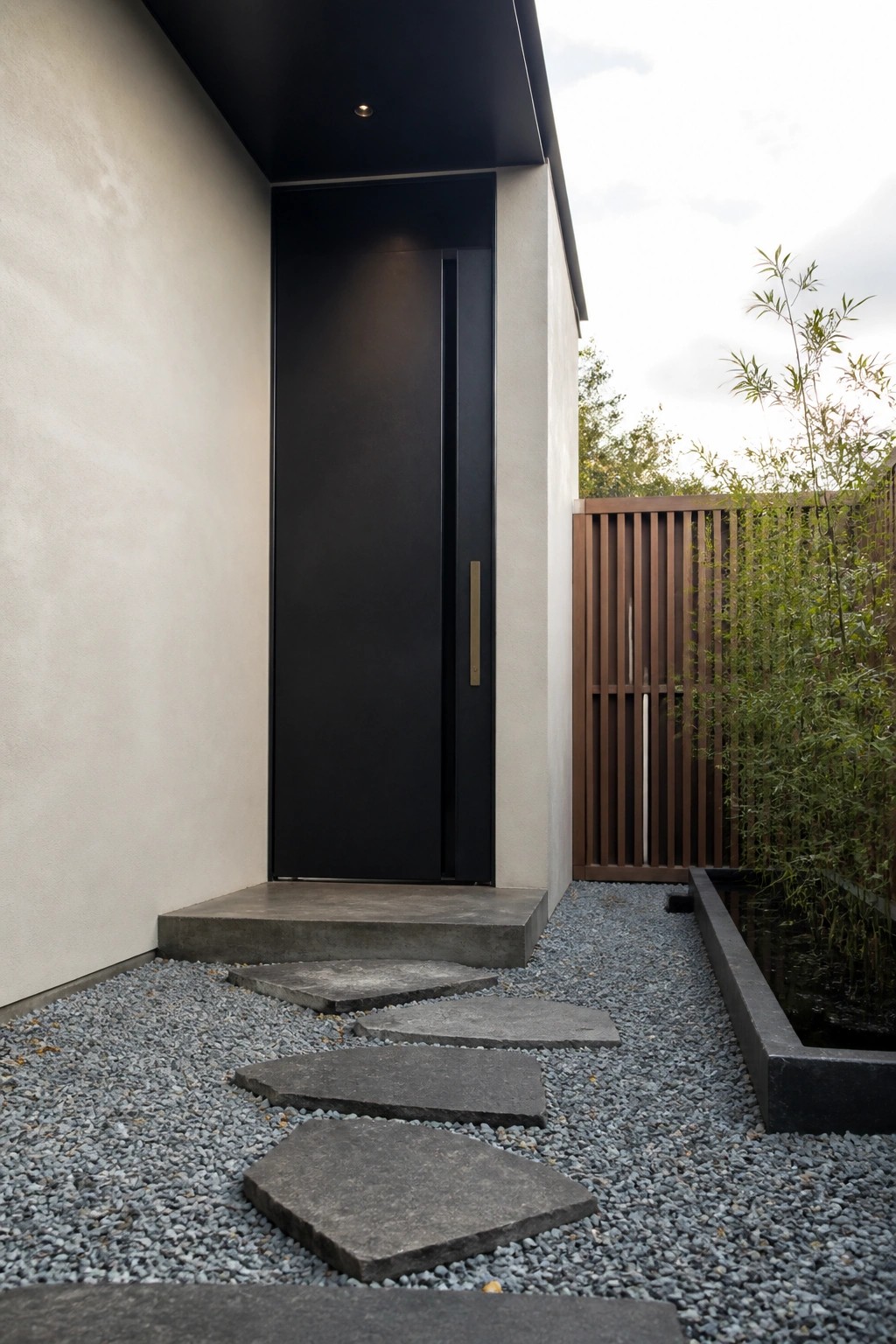 A black minimalist entry door with concealed frame set flush in a light exterior wall, approached by stone pavers set in gravel.