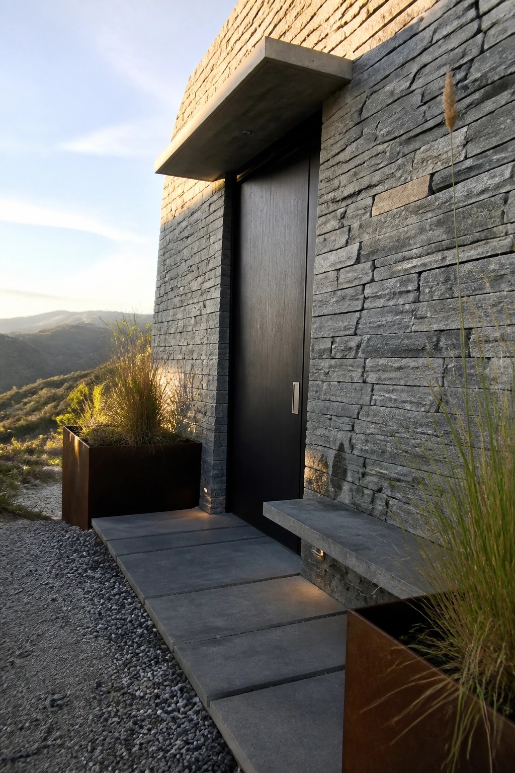 A dark wood entry door set flush into a stacked stone wall beneath a concrete overhang, with concrete steps and metal planters at the entrance.
