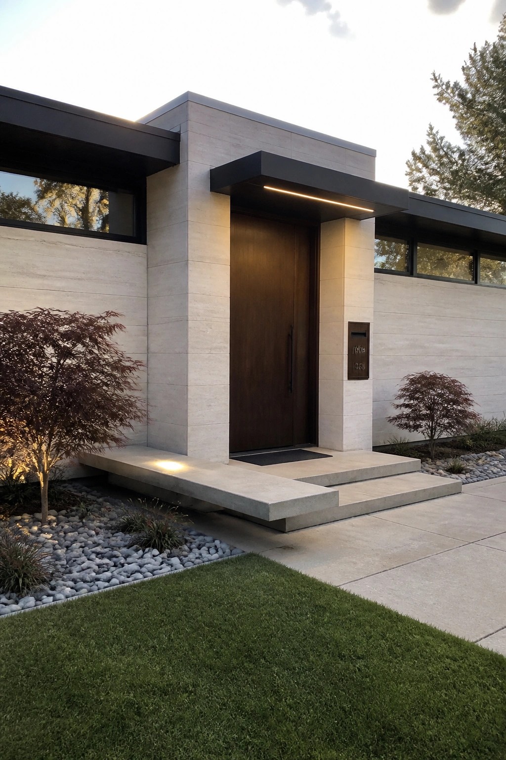 A modern house entrance features a dark wood door centered in light stone walls, with a black canopy above, concrete steps, and small red-leaf trees on both sides.