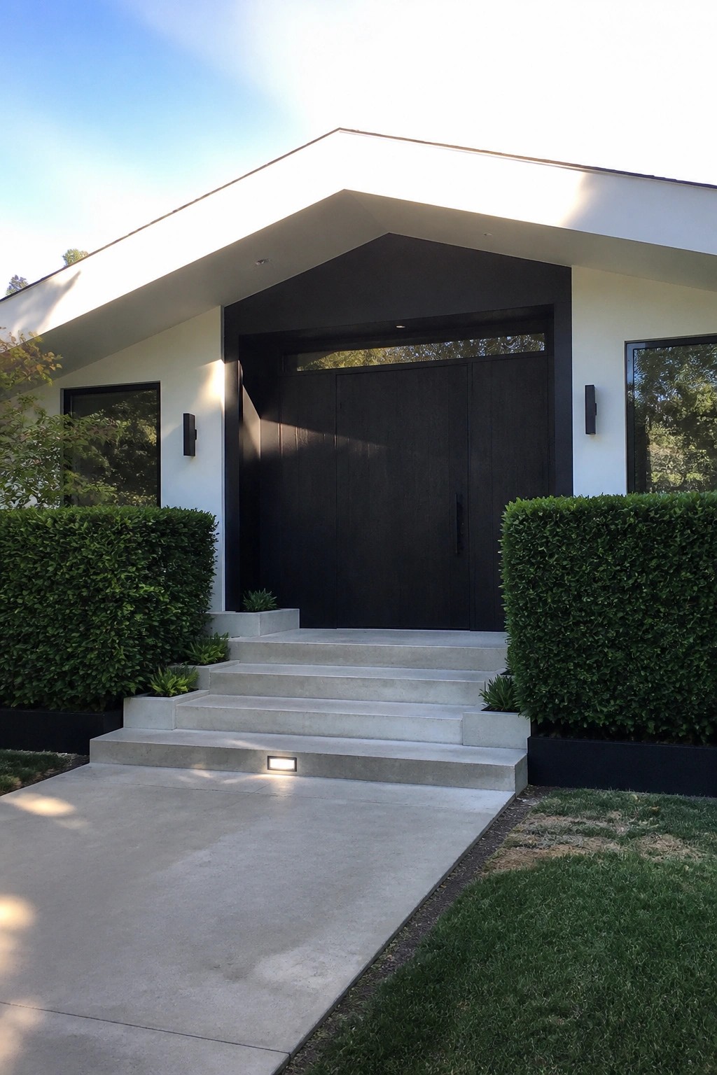 Front view of a modern house with a large dark double entry door set in a recessed black frame, concrete steps, and box hedges on both sides.