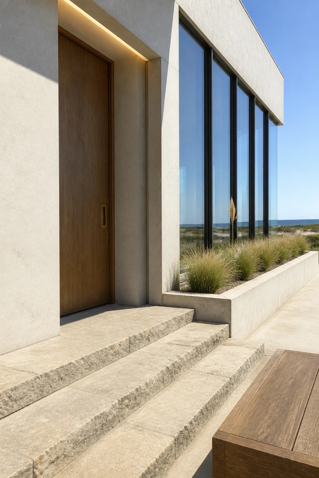 A wooden door recessed into a concrete exterior wall next to tall glass windows, with stone steps and a low concrete planter in view.