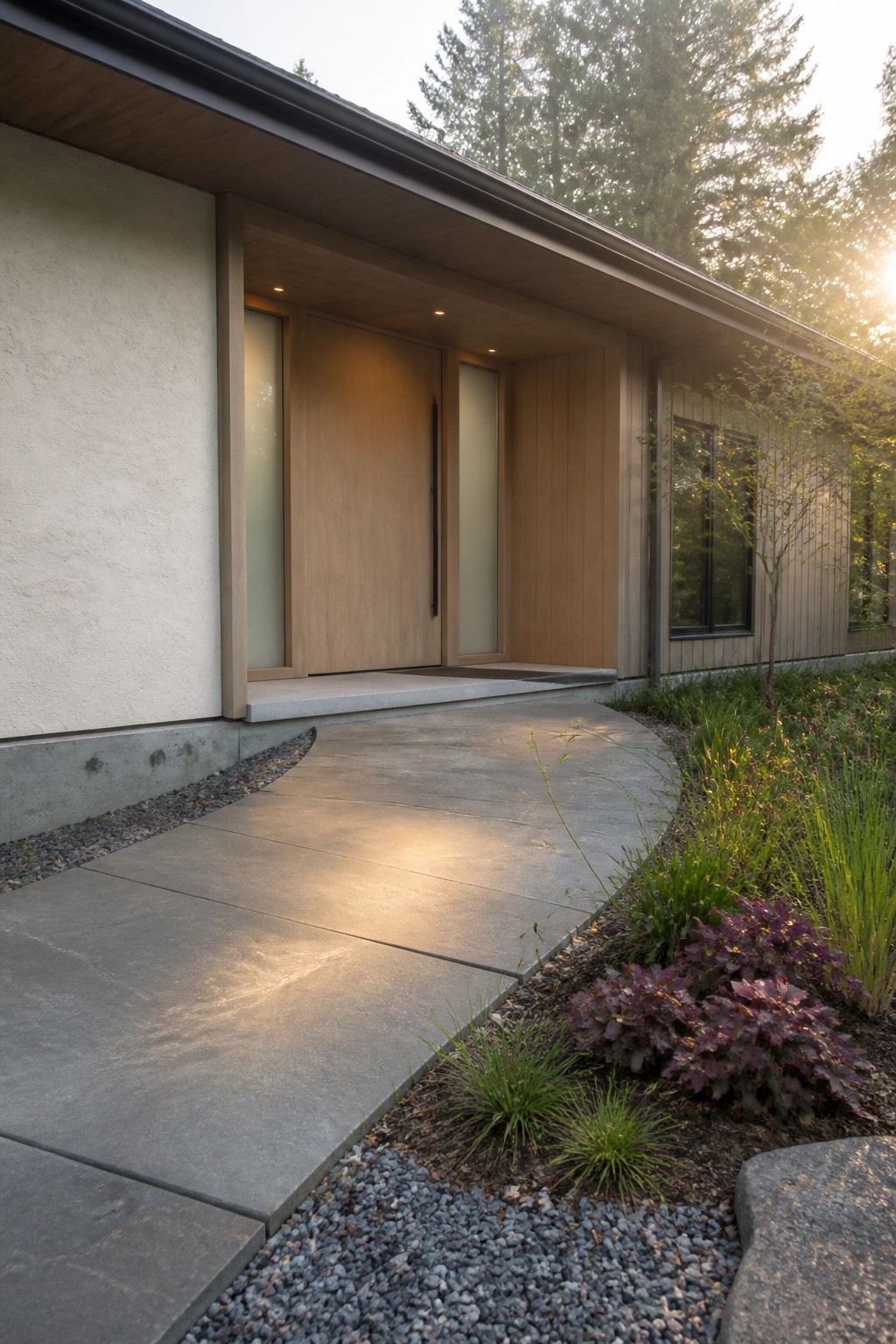 Modern house entrance with a tall light wood door flanked by narrow frosted glass panels, set into a wood recess above a concrete walkway and gravel border with low plants.