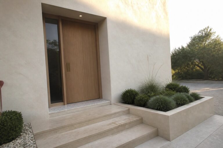 Modern wooden door with vertical slats, concrete steps, and grass-filled planters.