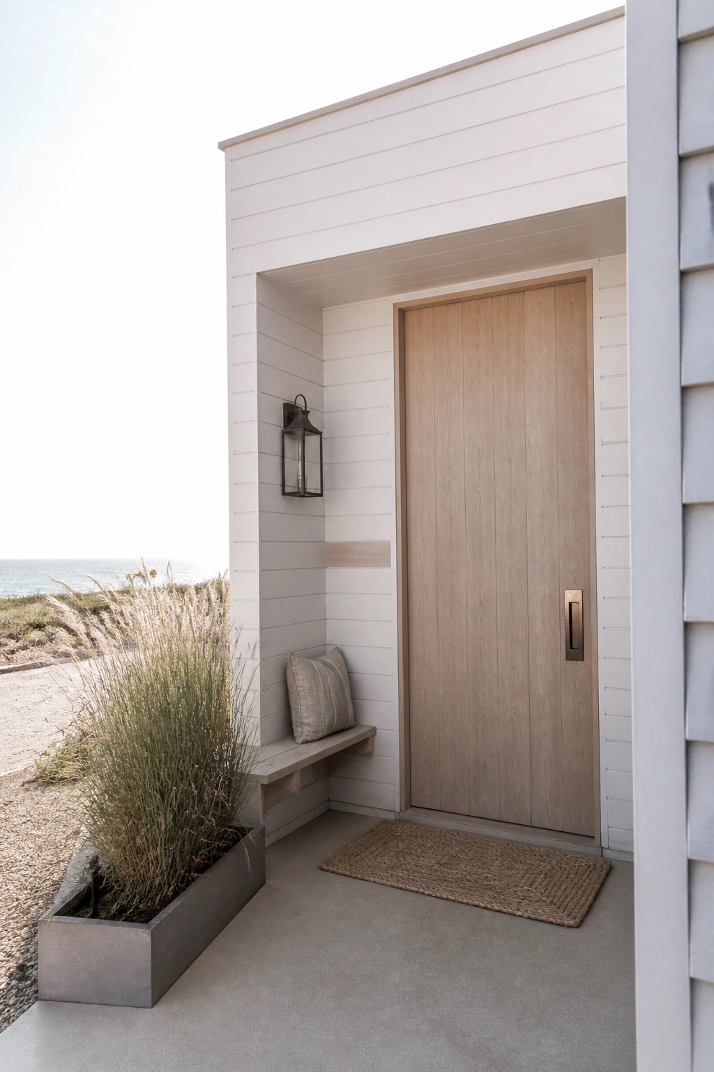 Modern coastal entry with light wood door, bench, lantern, doormat, and ocean view.