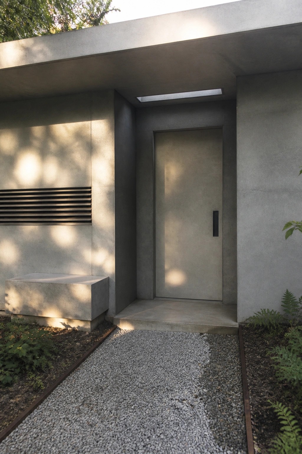 A minimalist concrete house entry featuring a flush door set into a recessed wall with a narrow overhead light slot and a gravel path leading to the step.
