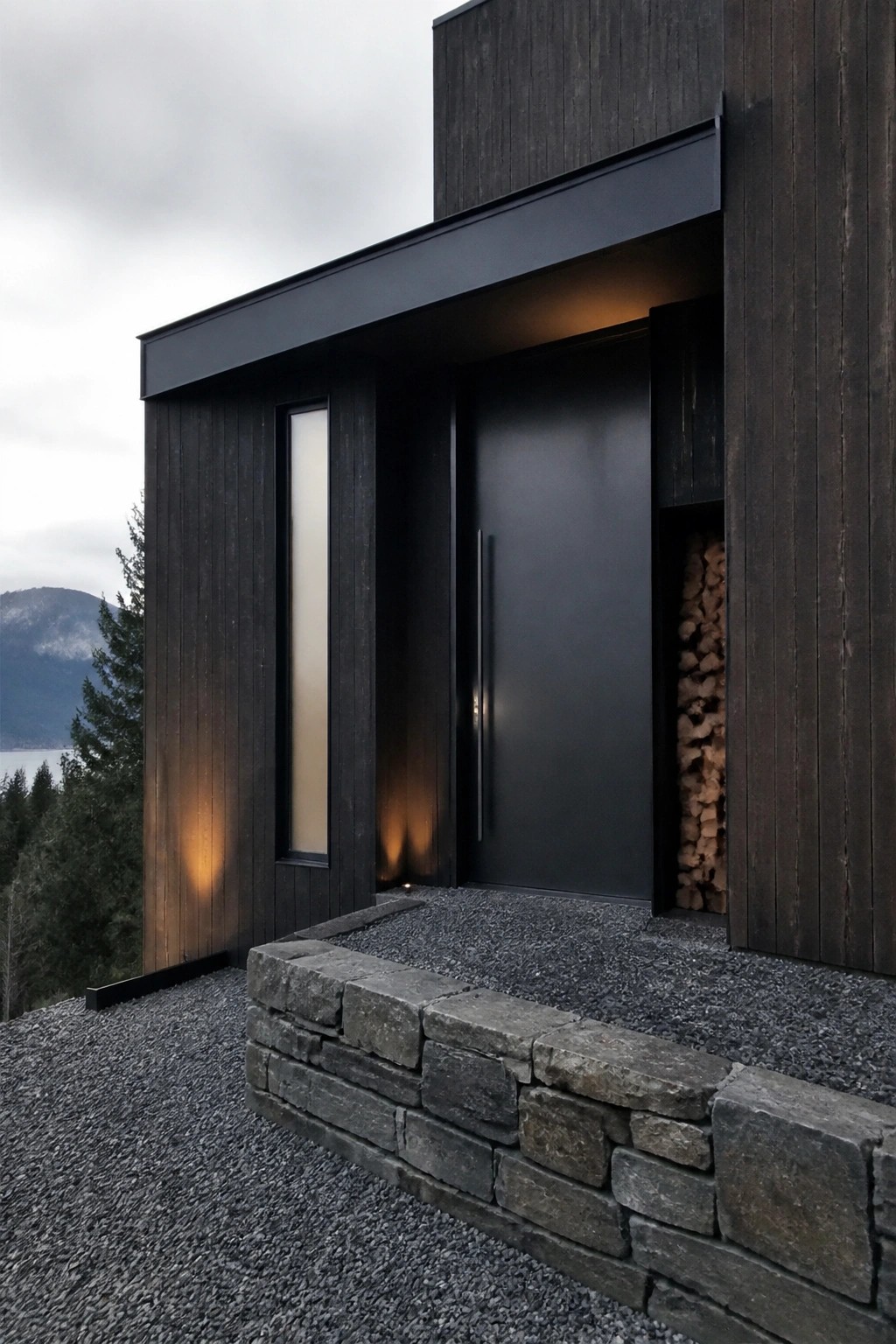 A modern dark wood house exterior featuring a flush black entry door with a vertical handle, a tall narrow window beside it, and stacked firewood in a recessed niche.