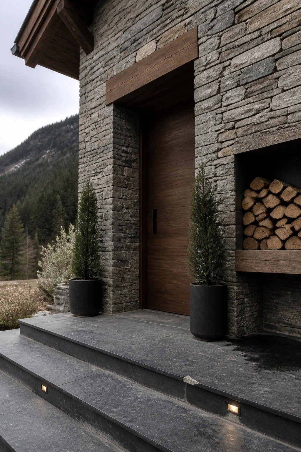 A dark wood door set flush into a gray stone wall, flanked by two potted evergreen shrubs and three stone steps with recessed lights.