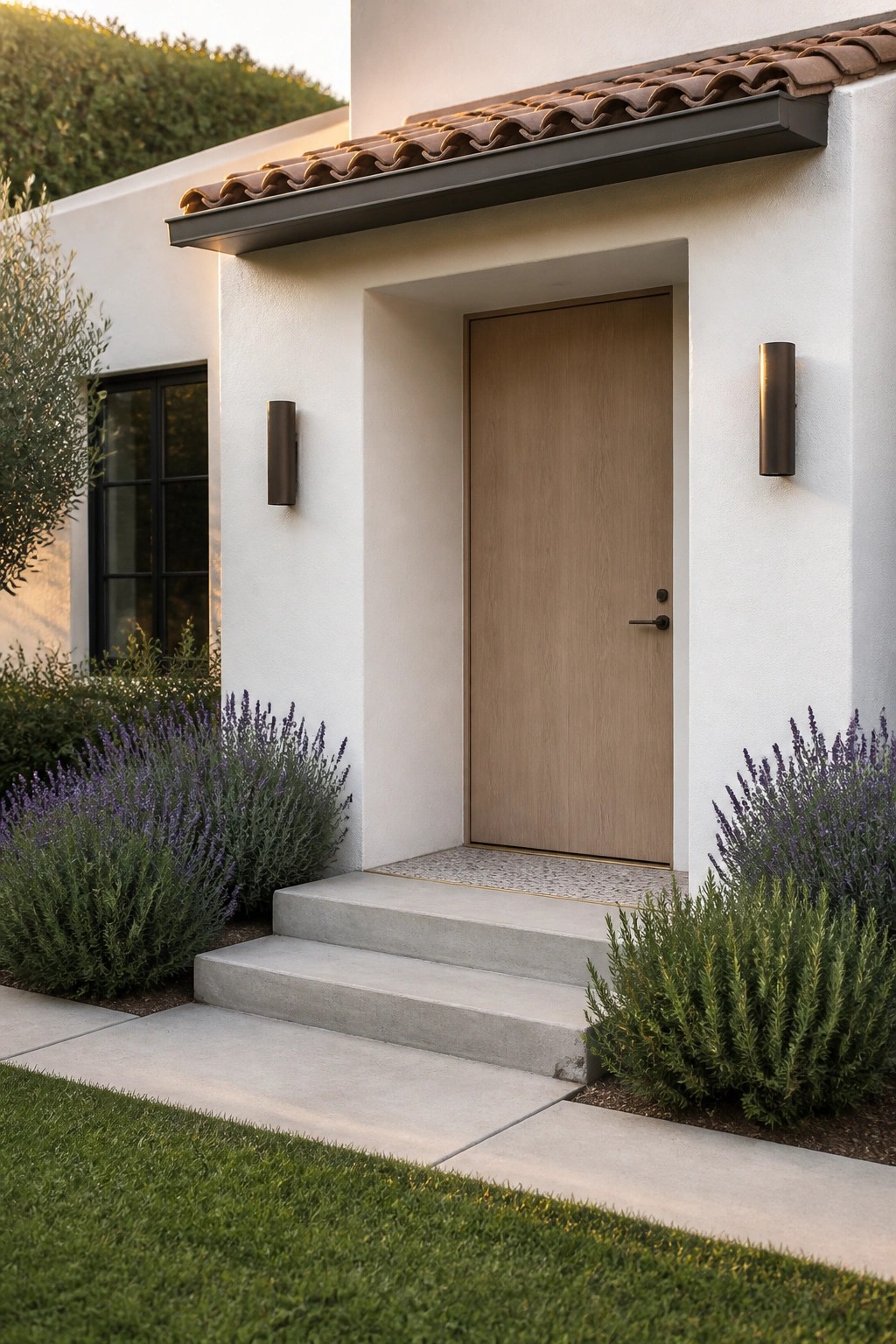 A light wood entry door with minimal hardware sits flush in a white stucco wall above concrete steps, with wall sconces on either side and lavender plants in the foreground.