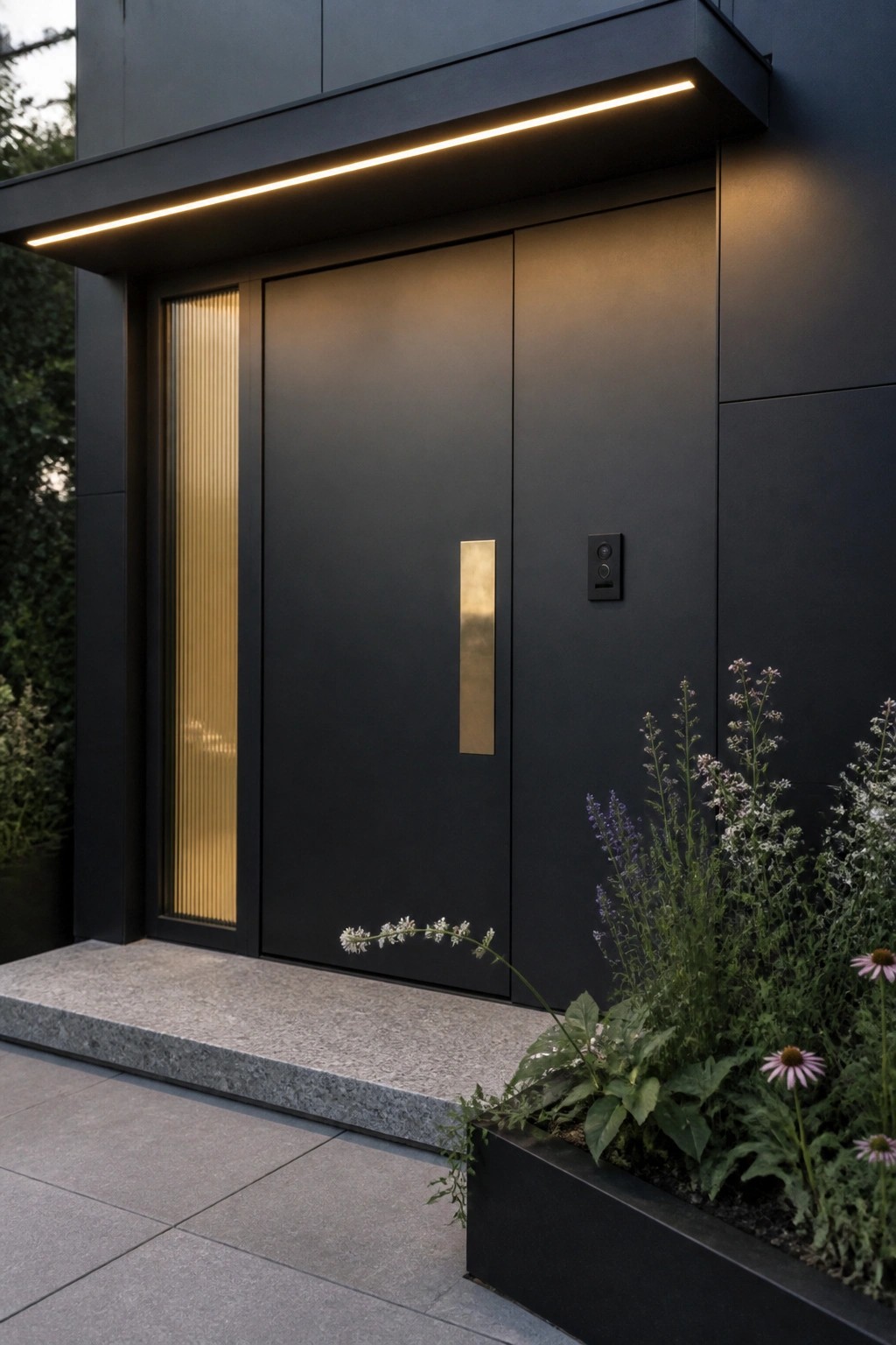 A black flush-mounted entry door with a vertical gold handle, a narrow vertical glass panel to the left, and a long linear light fixture above the door on a dark exterior wall, with a stone step and plants in the foreground.