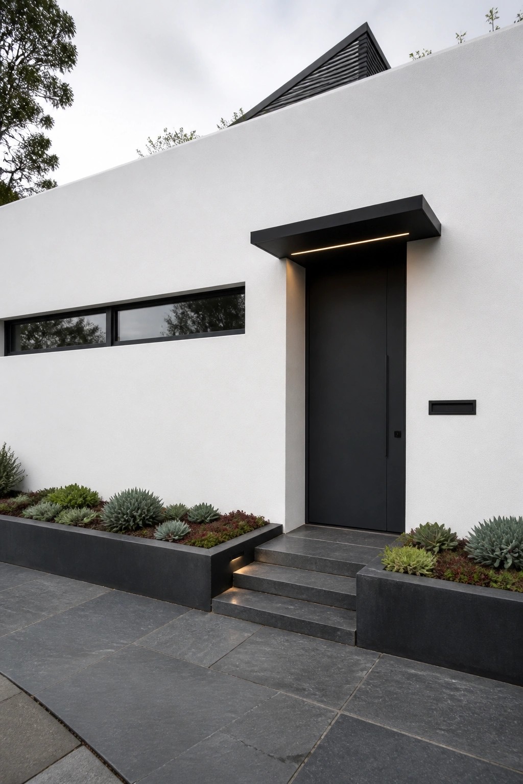 A minimalist white house exterior featuring a black flush door beneath a black canopy with integrated linear lighting, dark stone steps, and raised planters with succulents.