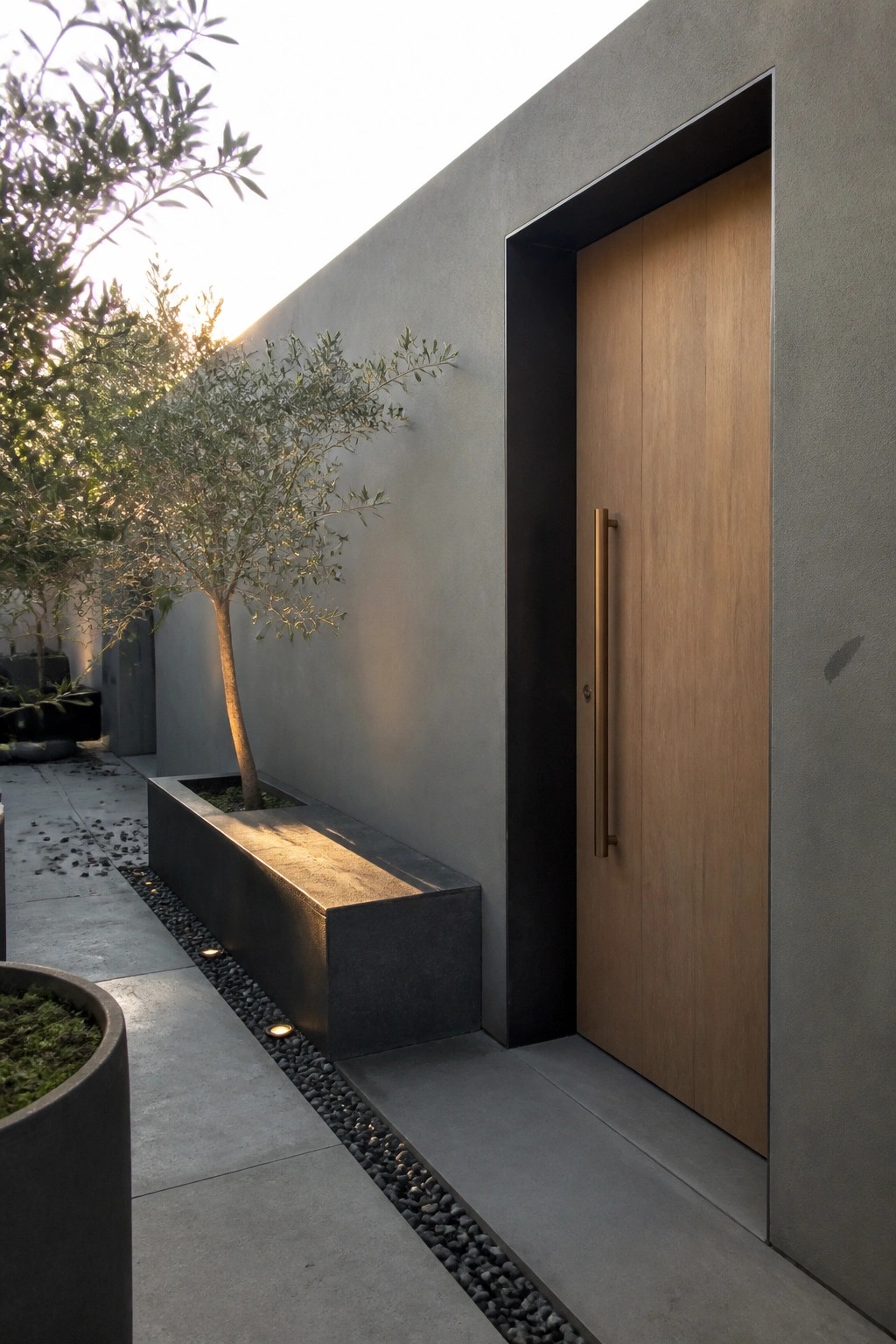 A light wood door with a vertical metal handle set into a dark recessed frame within a gray concrete wall, next to a long concrete planter holding a small tree.