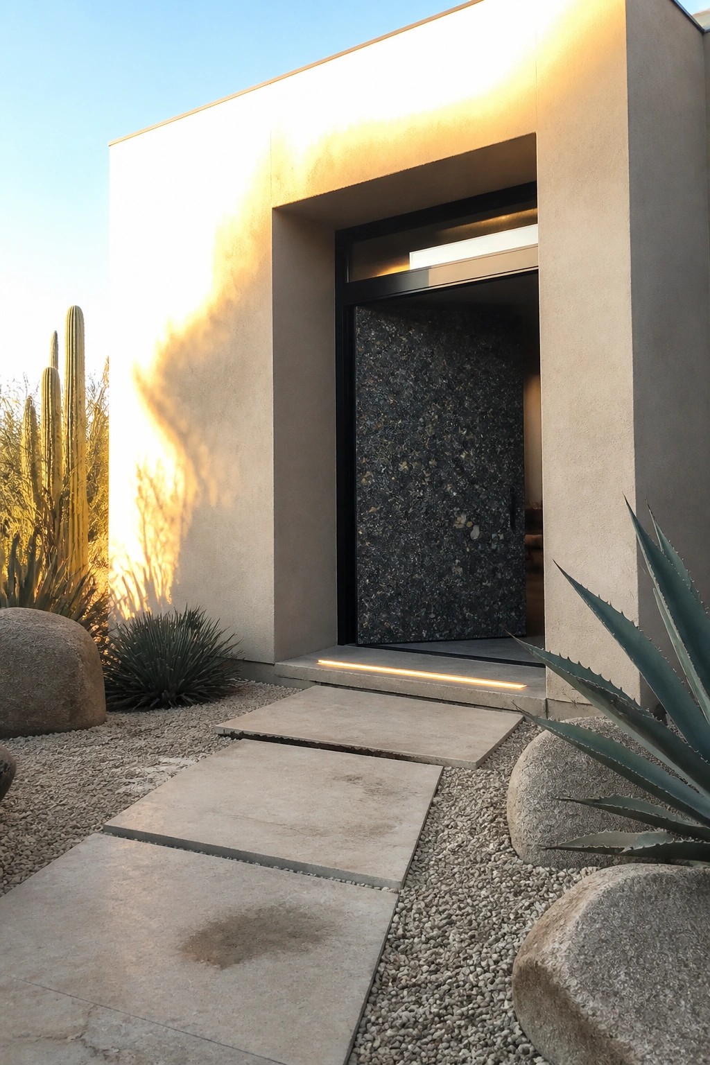 A minimalist house entry features a dark speckled door set in a thin black frame within a recessed opening, with stone pavers leading across gravel to the step.