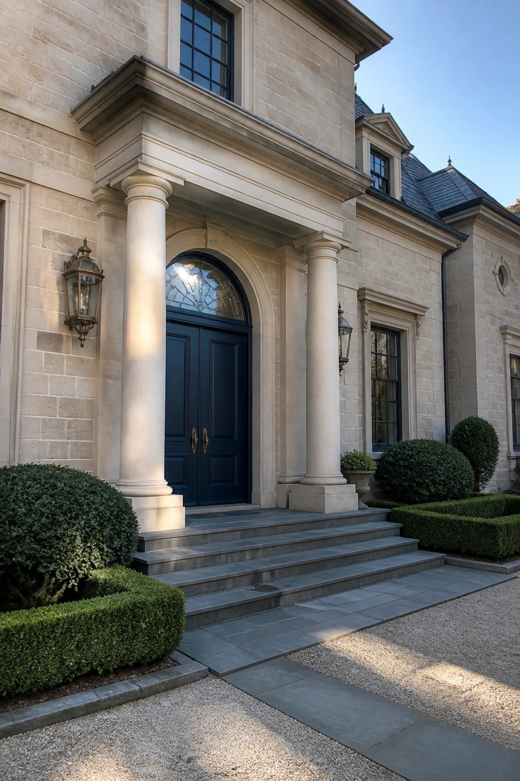 Stone house entrance with dark blue double doors under a large arched transom, flanked by two tall columns and gray stone steps.