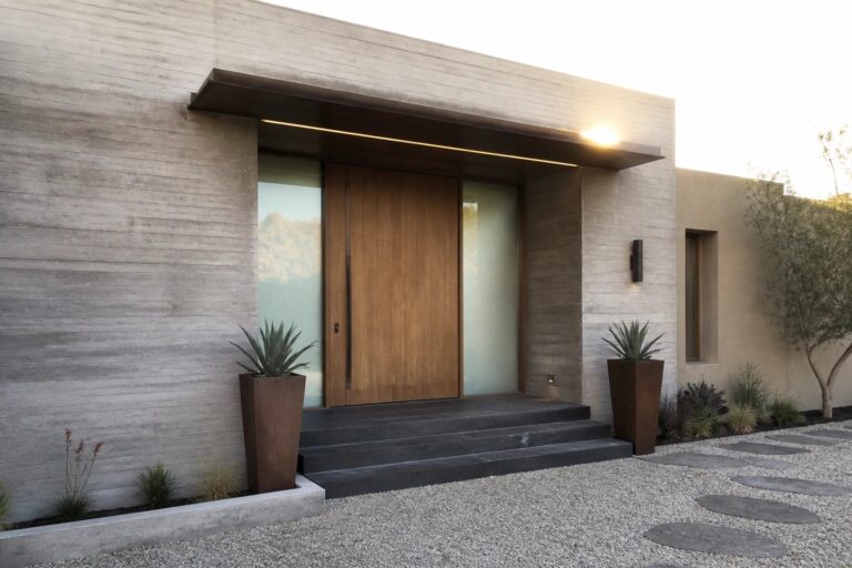 Modern concrete house entrance featuring a wide wooden front door with tall glass sidelights, dark steps, and two tall planters on gravel.