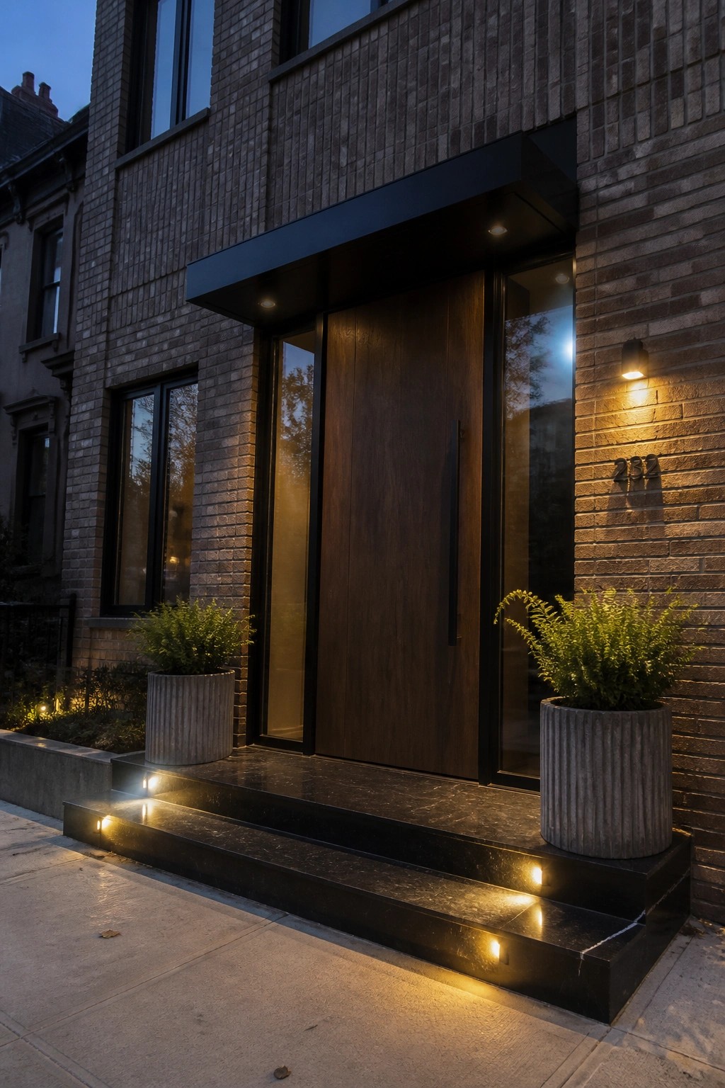 Front entrance of a brick house with a tall dark wood door, glass sidelights, black stone steps with recessed lights, and two large potted ferns.
