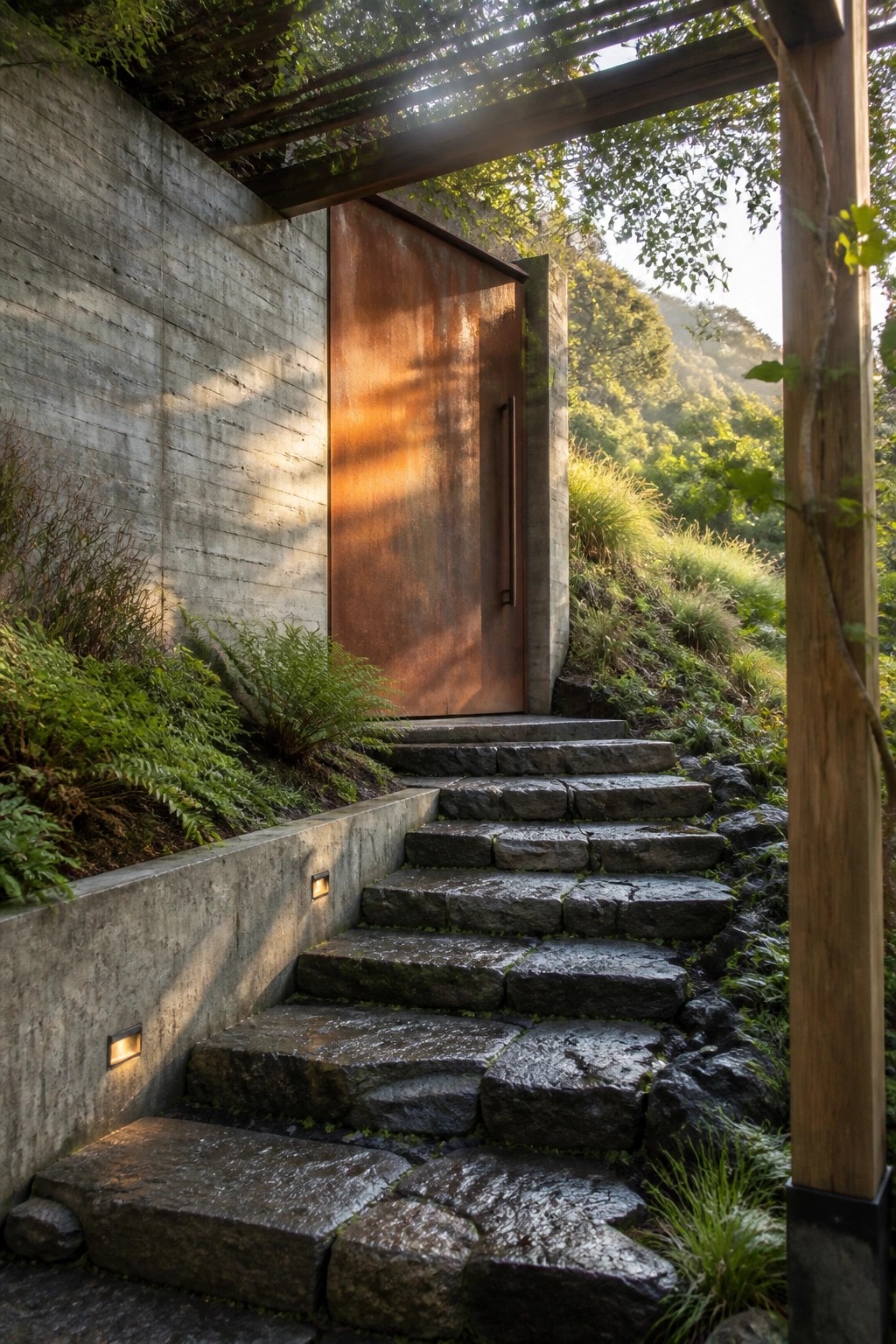 A large rusted metal door set in a concrete wall at the top of irregular stone steps with green plants on either side.