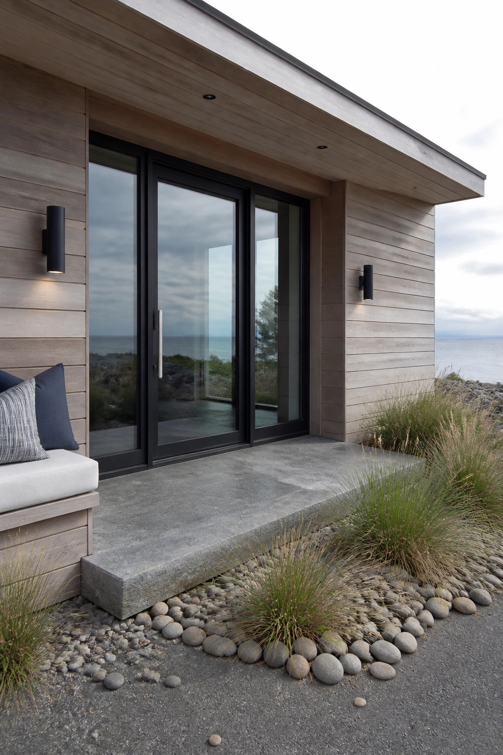 Modern wooden house with black sliding doors, concrete patio, and ocean view.